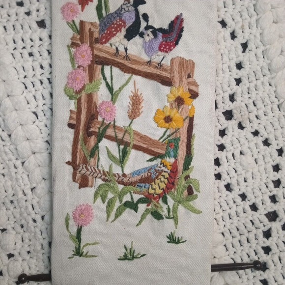 Embroidered Cross Stitch Hanging Art Birds Vintage Handmade Quail Leewards 26X6" - Picture 1 of 15